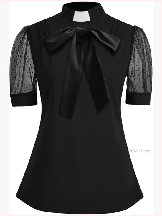 Tops - Clergy Shirt Tab Insert Collar Short Sheer Sleeve Bowknot Blouse